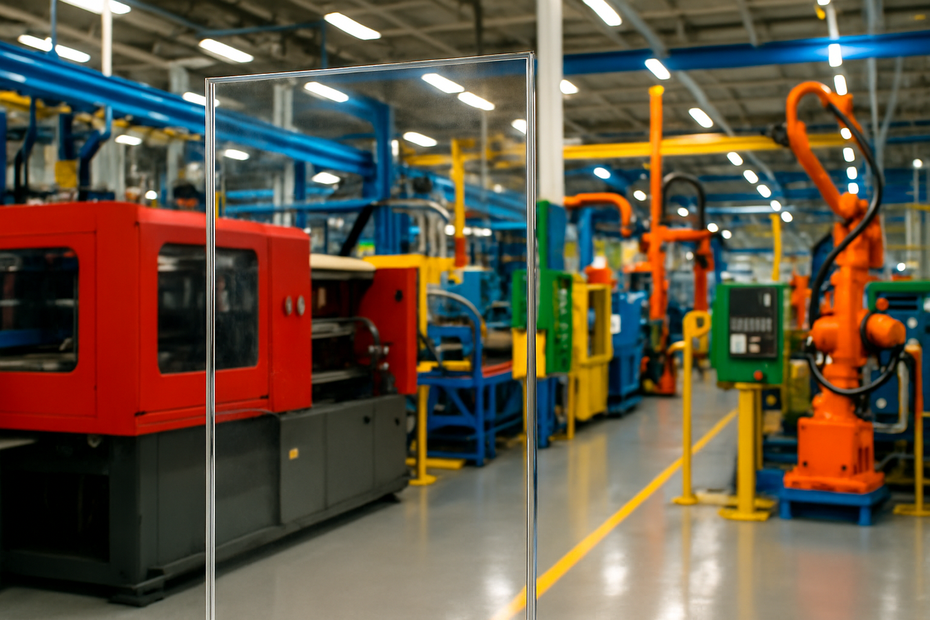 Polycarbonate sheet with colourful machinery in background
